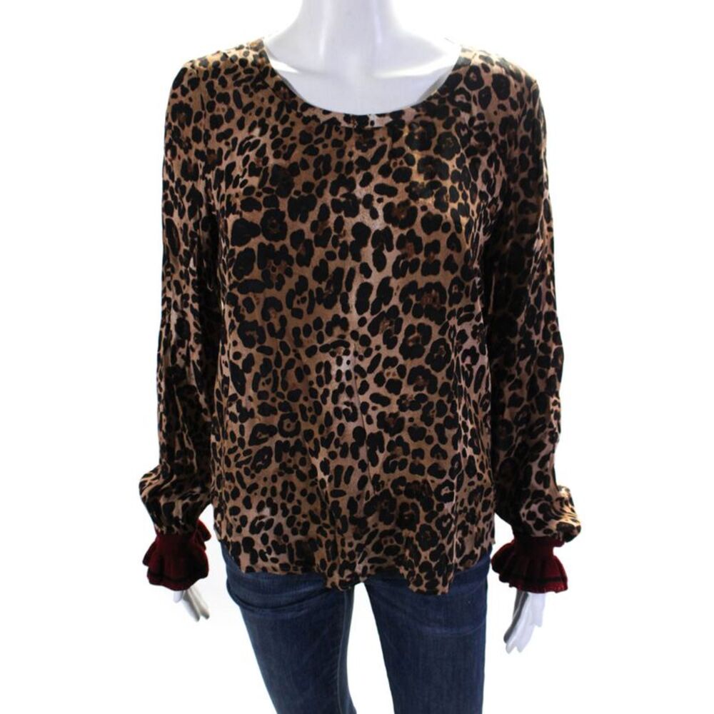 Set Womens Animal Print Round Neck Flounce Long Sleeve Blouse Top Brown Size 6